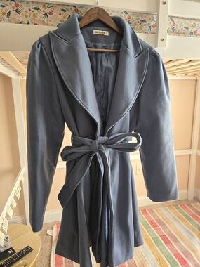 Grace Karin Dusty Blue Tie-Waist Long Coat New Without Tags